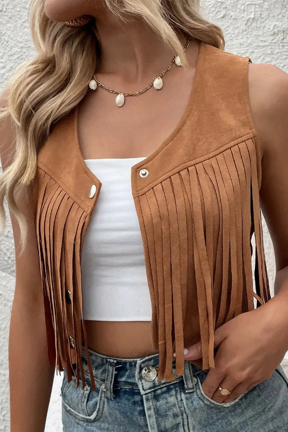 Camel Fringed Snap Button Front Suedette Sleeveless Jacket eAura