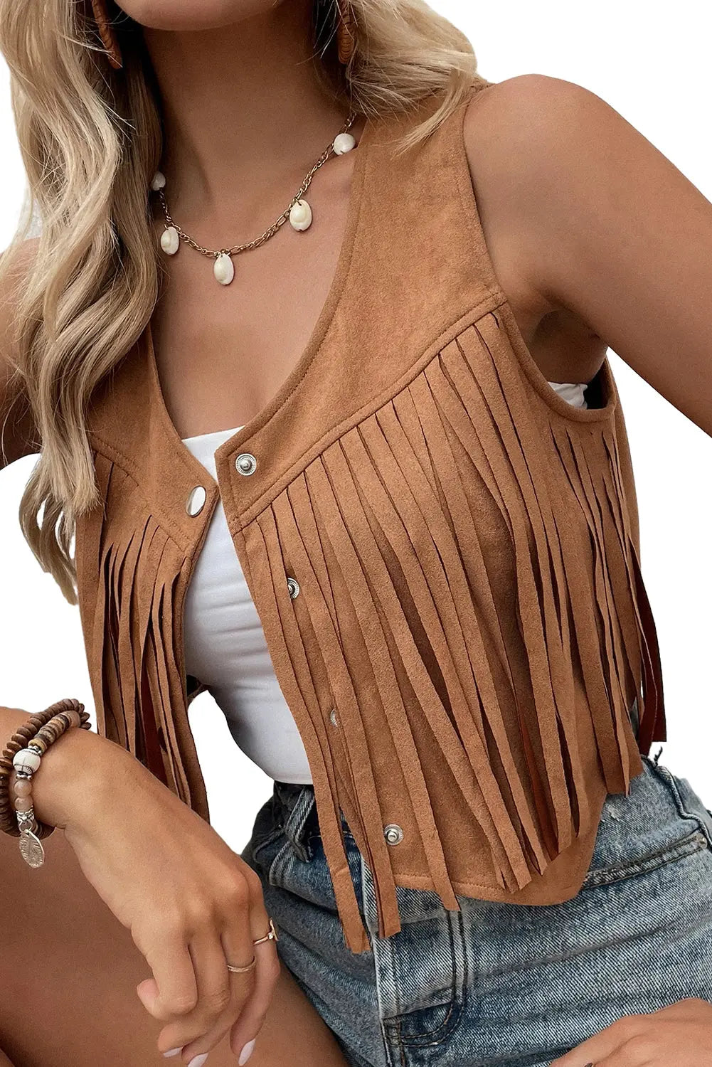 Camel Fringed Snap Button Front Suedette Sleeveless Jacket eAura