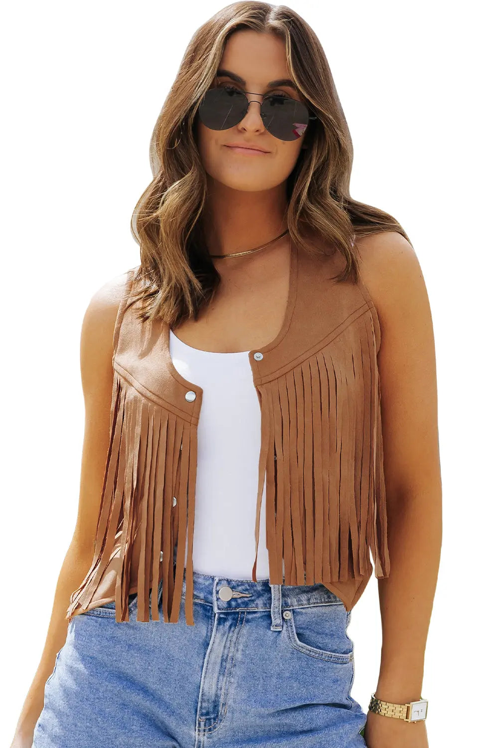 Camel Fringed Snap Button Front Suedette Sleeveless Jacket eAura