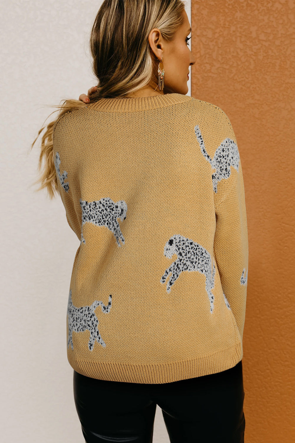 Camel Fuzzy Cheetah Accent Round Neck Sweater - eAura