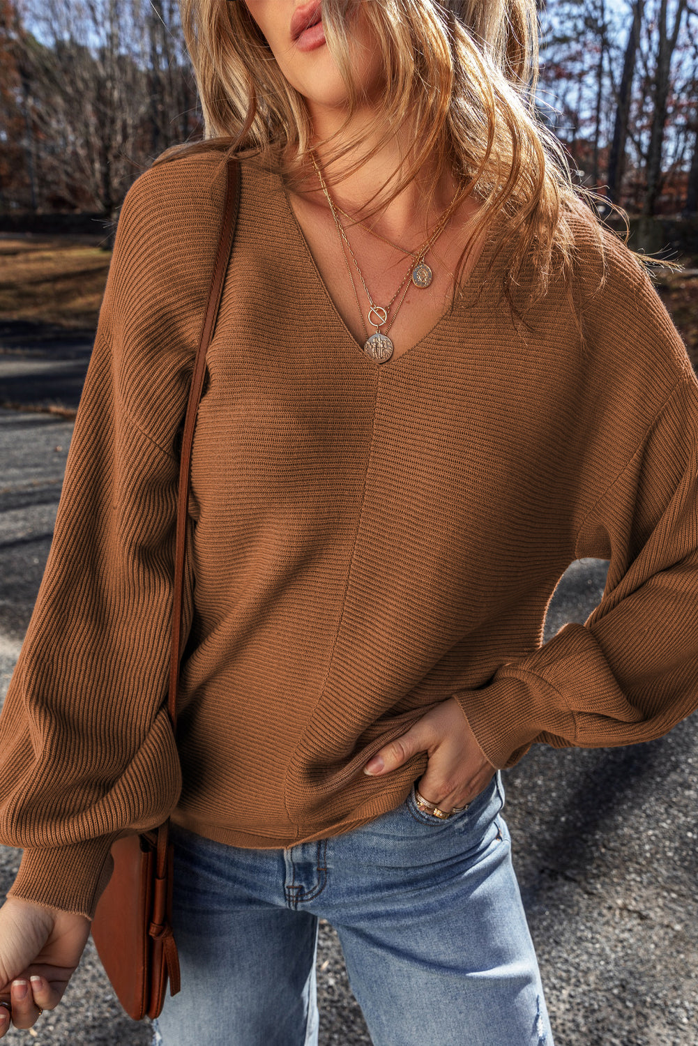 Camel Ribbed Knit Drop Sleeve V Neck Loose Fit Sweater - eAura