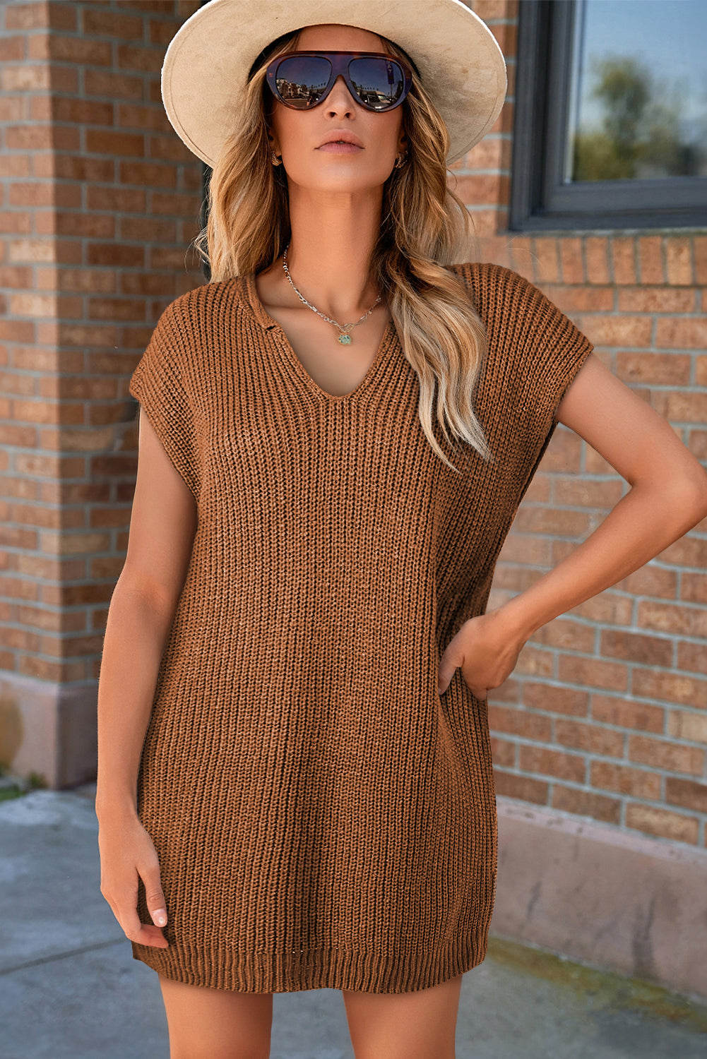 Camel Solid Colour Short Sleeve Notched V Neck Sweater Dress - eAura