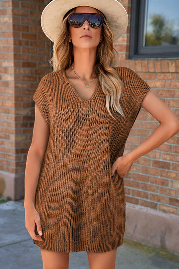 Camel Solid Colour Short Sleeve Notched V Neck Sweater Dress - eAura