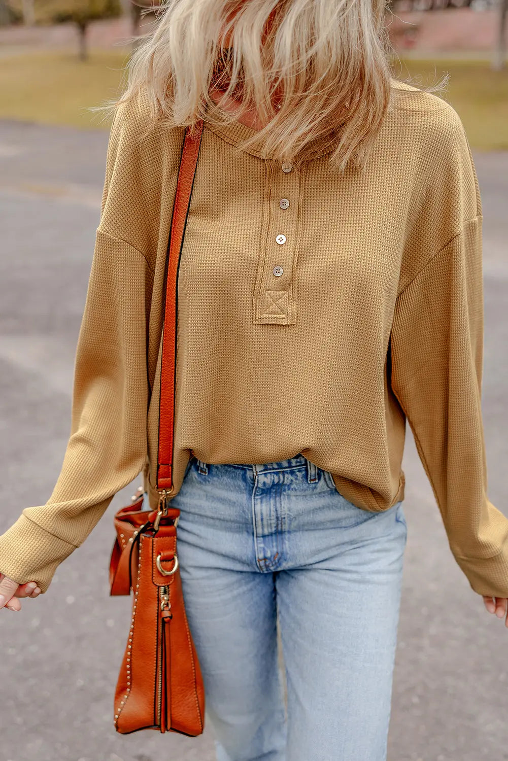 Camel Textured Knit Half Button Drop Shoulder Oversized Top - eAura
