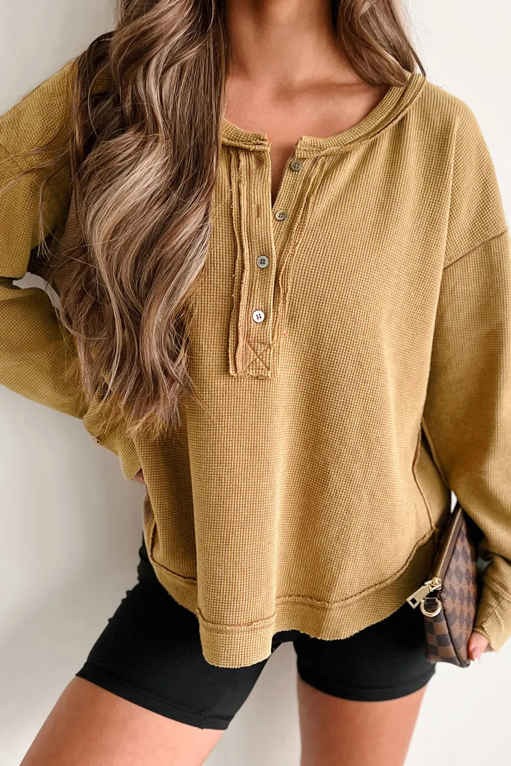 Camel Textured Knit Half Button Drop Shoulder Oversized Top - eAura