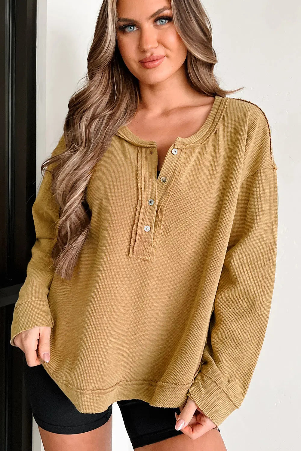 Camel Textured Knit Half Button Drop Shoulder Oversized Top - eAura