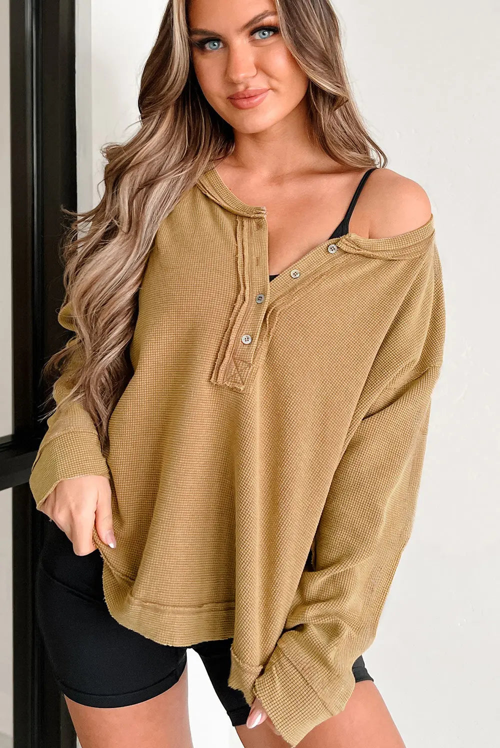 Camel Textured Knit Half Button Drop Shoulder Oversized Top - eAura