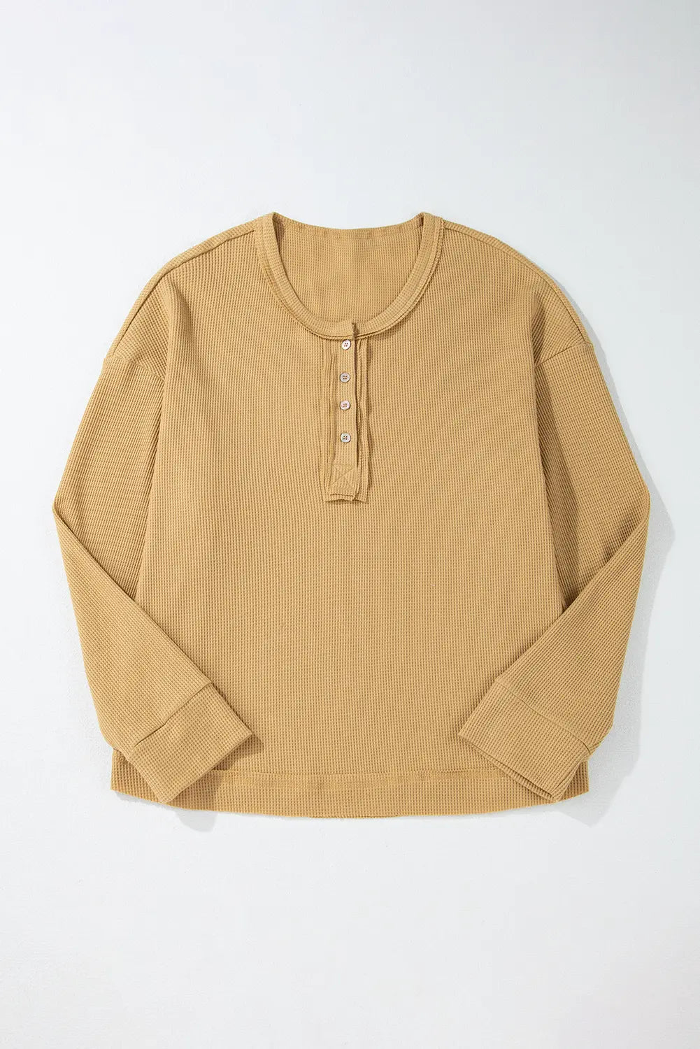 Camel Textured Knit Half Button Drop Shoulder Oversized Top - eAura