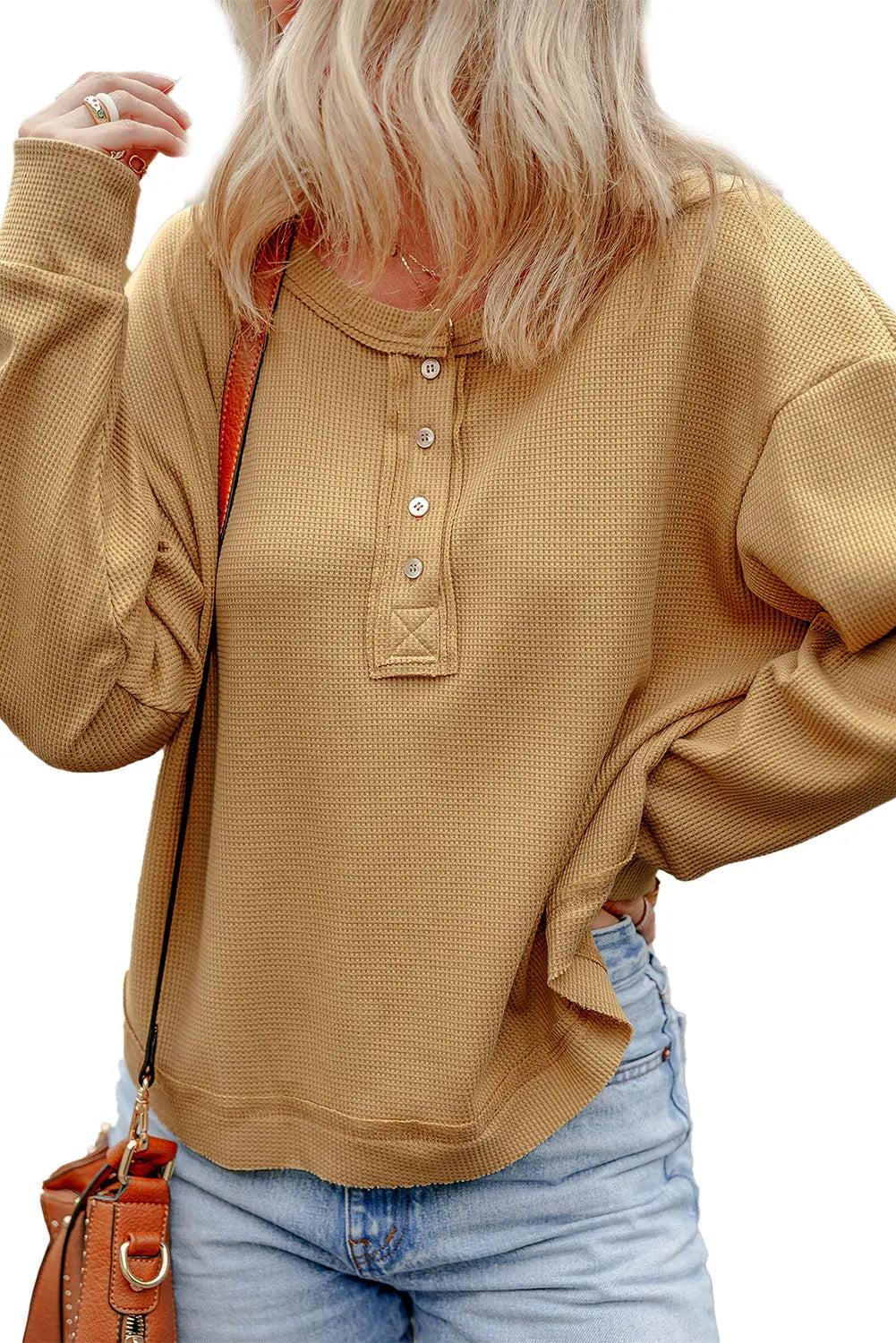 Camel Textured Knit Half Button Drop Shoulder Oversized Top - eAura
