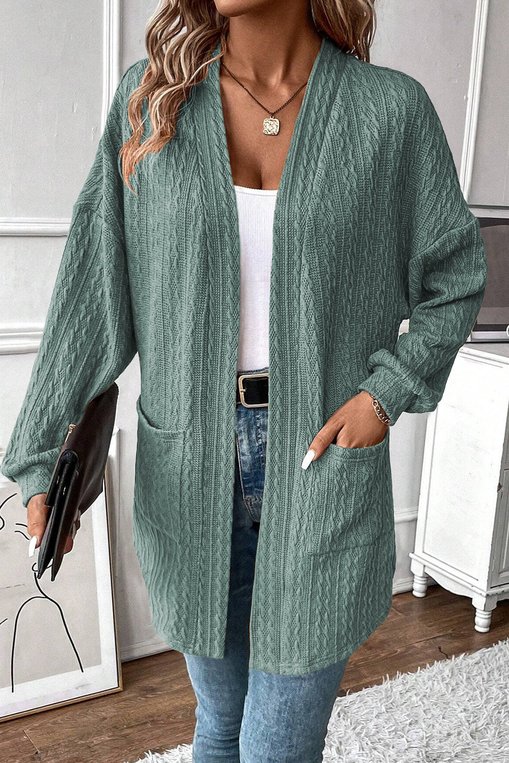Canton Textured Knit Side Pockets Open Front Cardigan - eAura