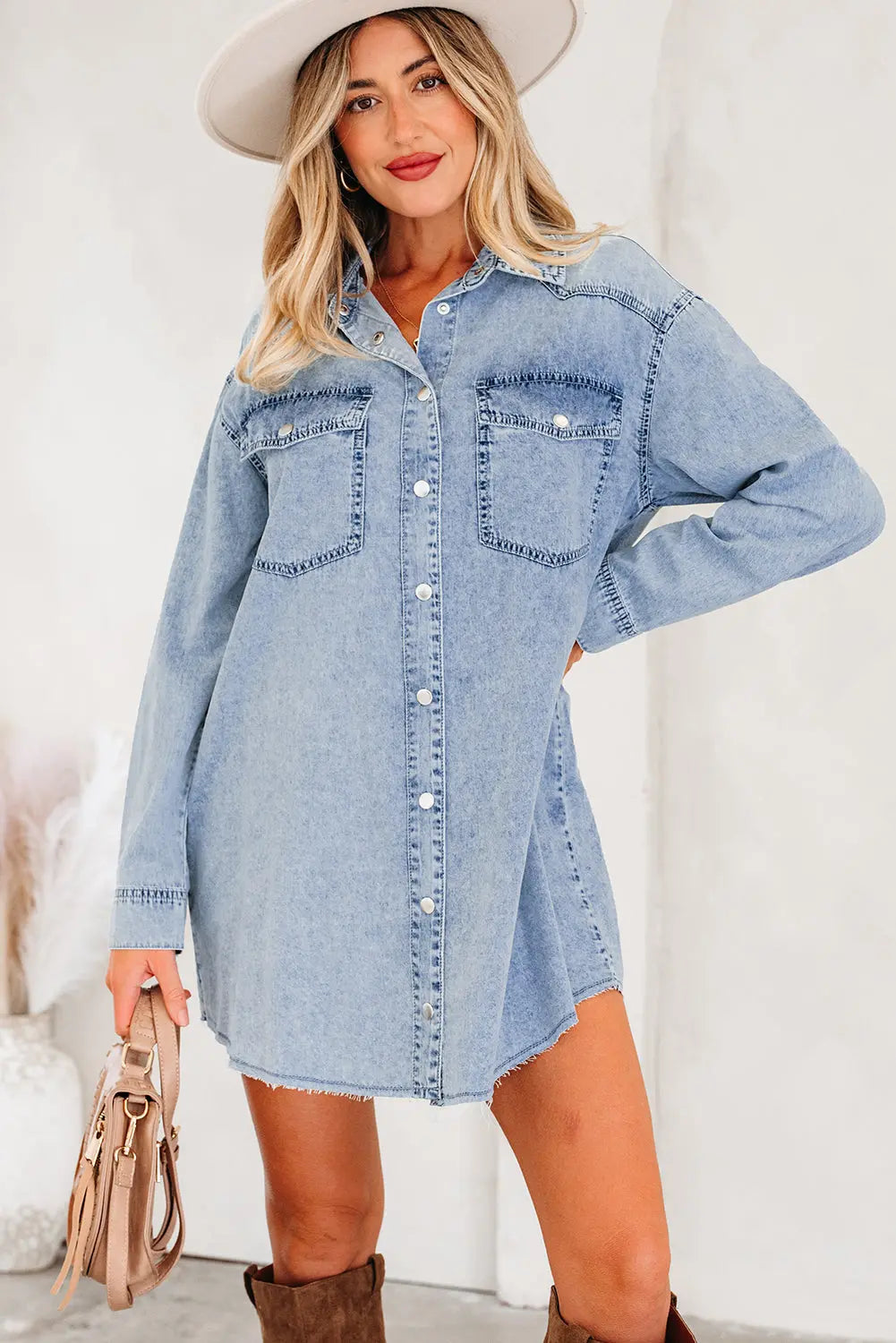 Chest Pocket Raw Hem Denim Baggy Shirt Dress - eAura