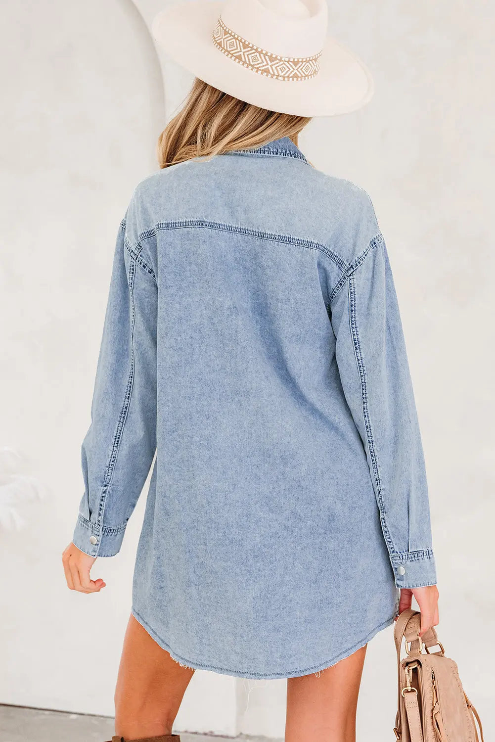 Chest Pocket Raw Hem Denim Baggy Shirt Dress - eAura