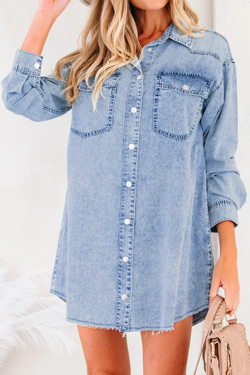 Chest Pocket Raw Hem Denim Baggy Shirt Dress - eAura