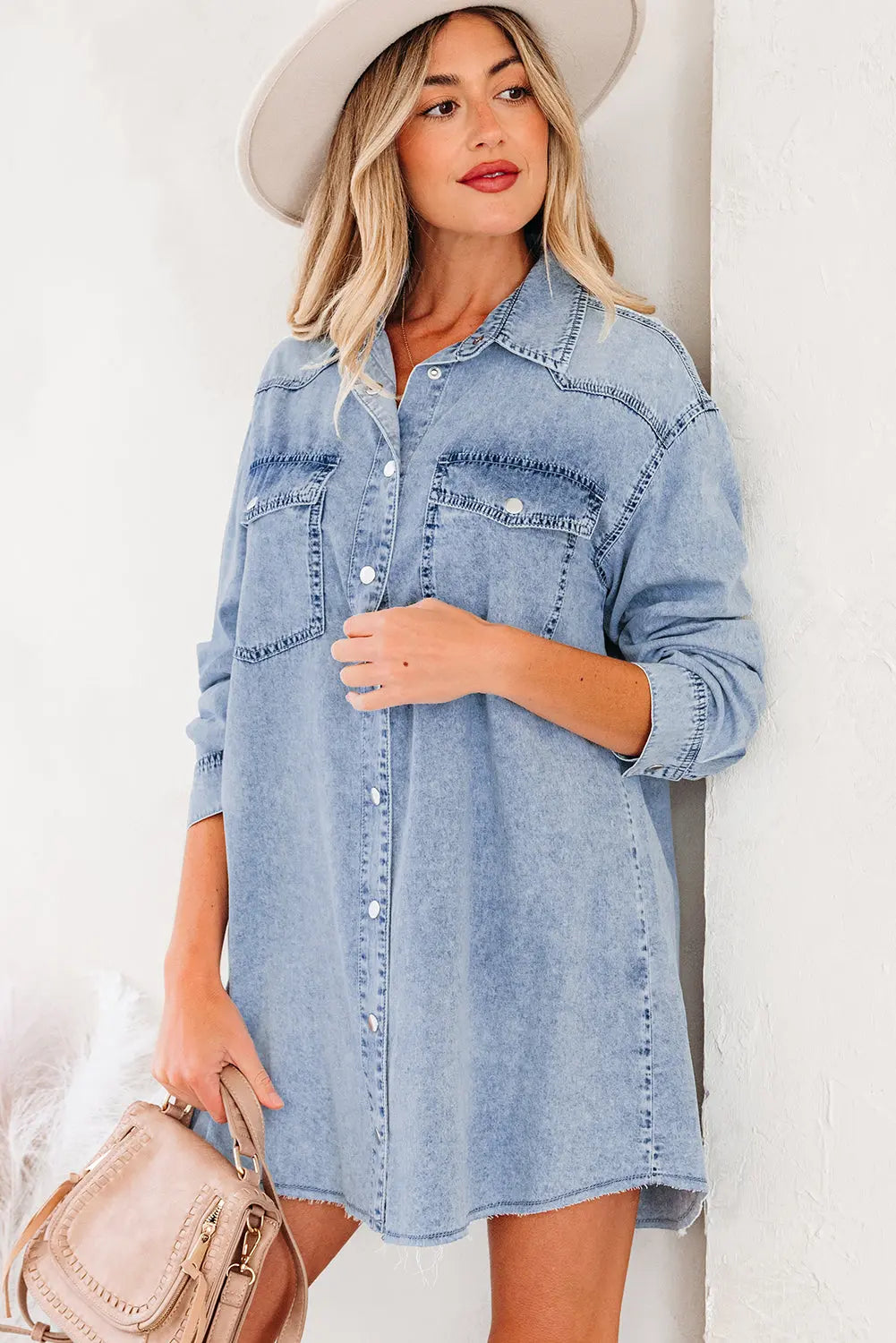 Chest Pocket Raw Hem Denim Baggy Shirt Dress - eAura