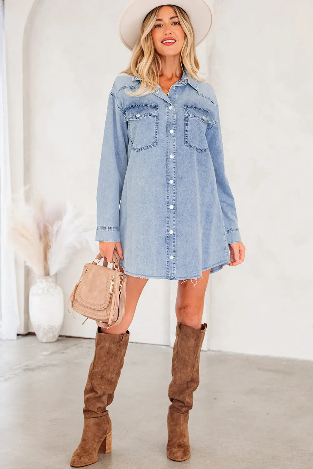 Chest Pocket Raw Hem Denim Baggy Shirt Dress - eAura