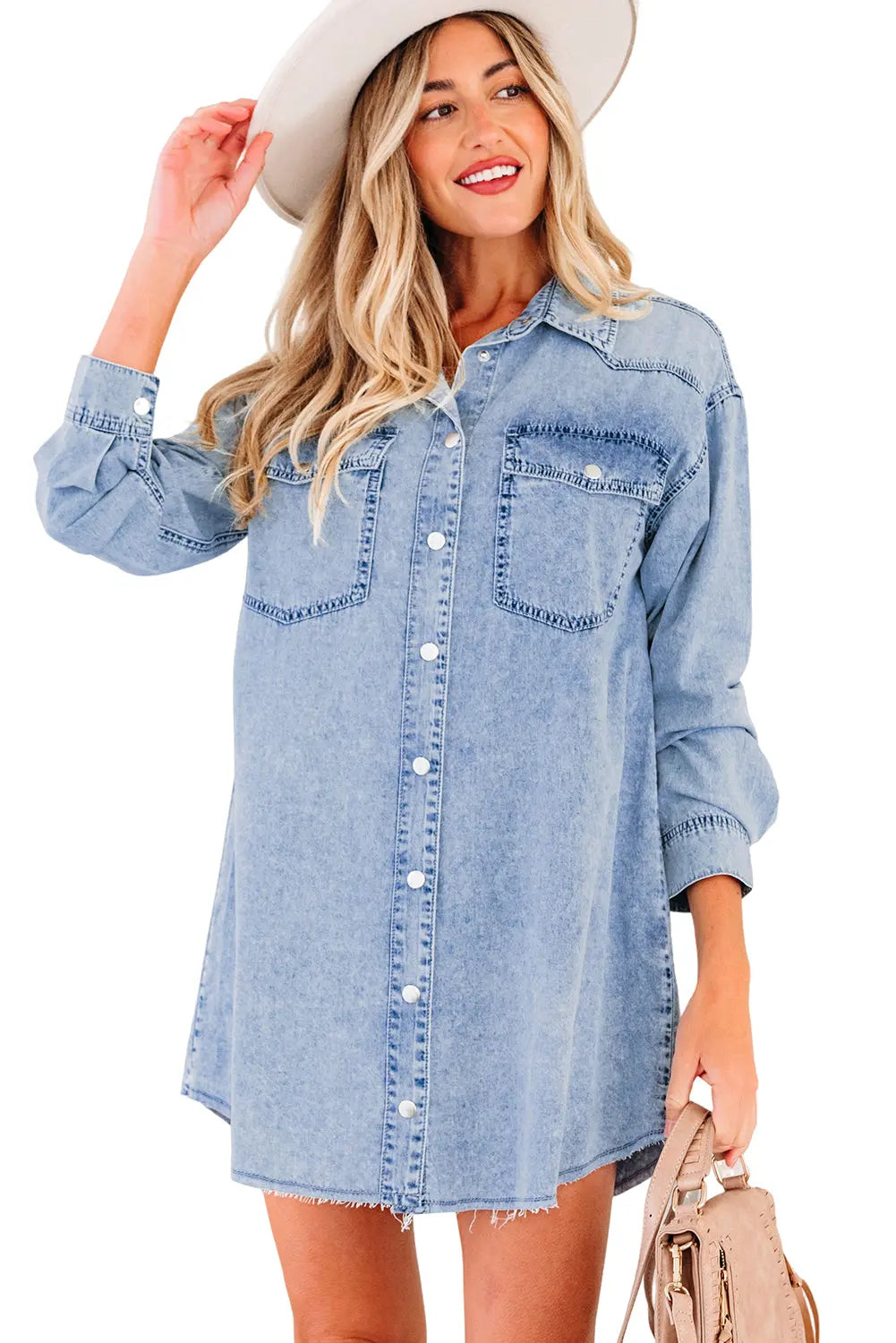 Chest Pocket Raw Hem Denim Baggy Shirt Dress - eAura