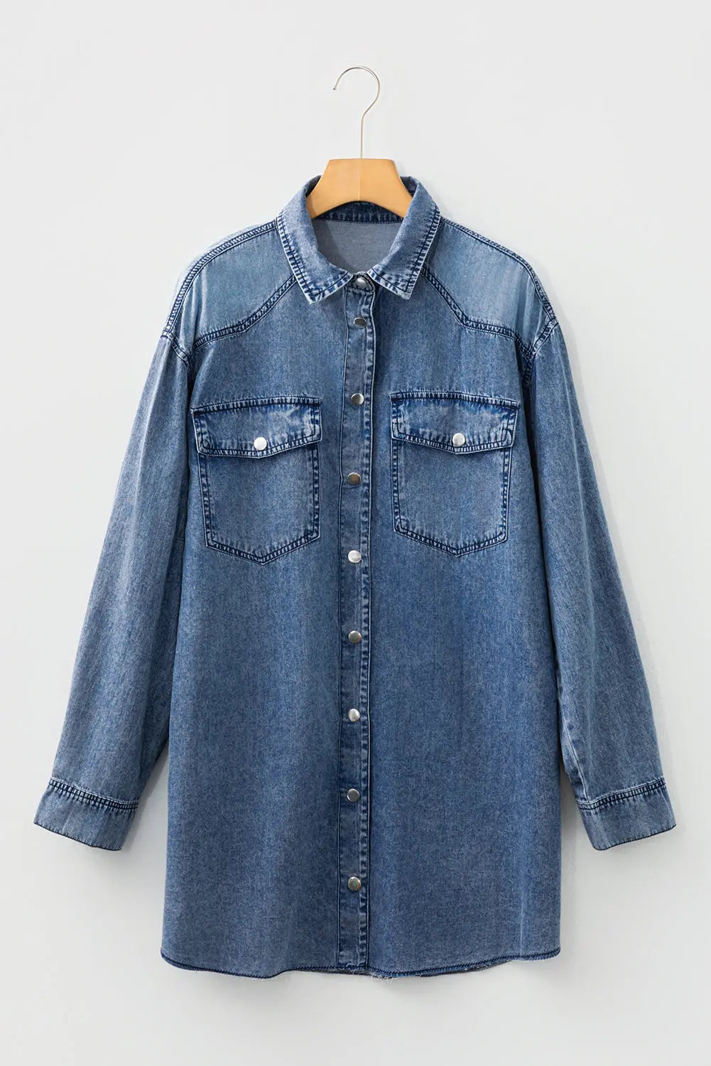 Chest Pocket Raw Hem Denim Baggy Shirt Dress - eAura
