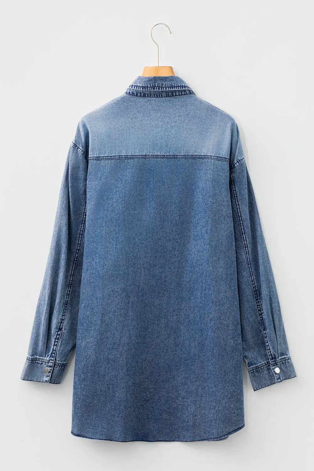 Chest Pocket Raw Hem Denim Baggy Shirt Dress - eAura