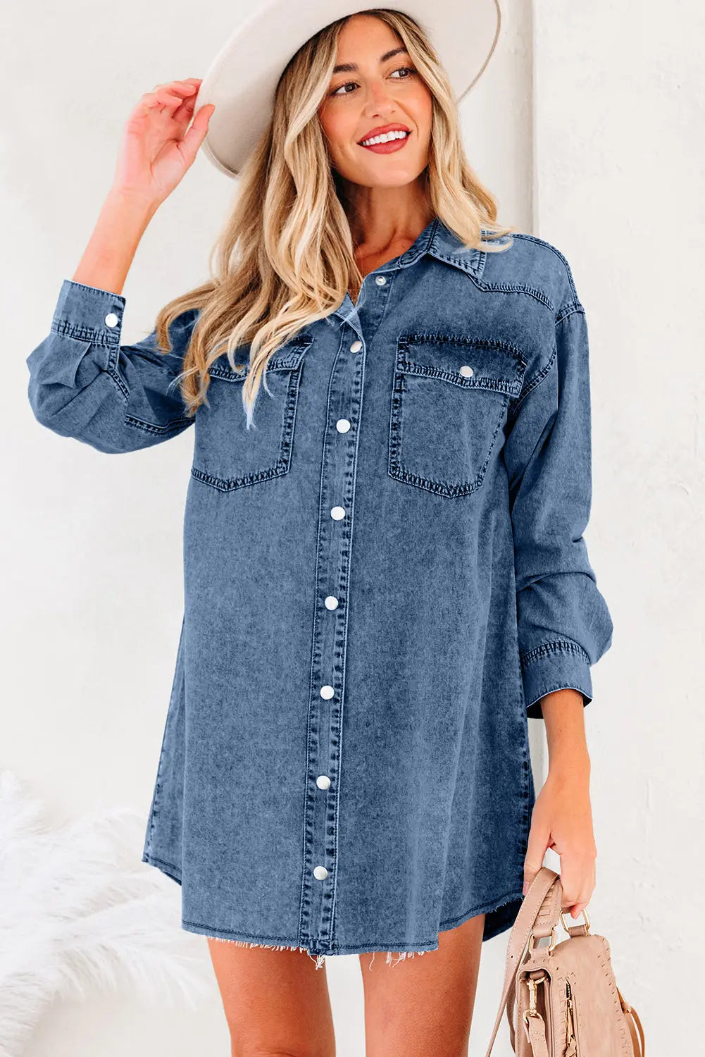 Chest Pocket Raw Hem Denim Baggy Shirt Dress - eAura