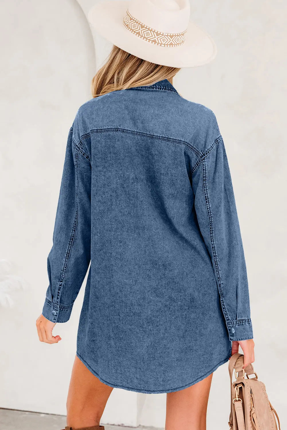 Chest Pocket Raw Hem Denim Baggy Shirt Dress - eAura