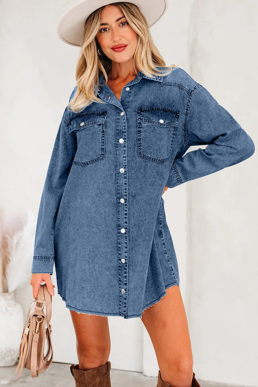 Chest Pocket Raw Hem Denim Baggy Shirt Dress - eAura