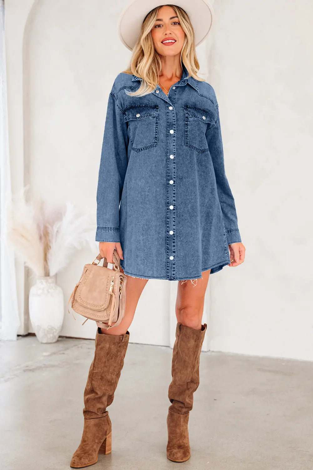Chest Pocket Raw Hem Denim Baggy Shirt Dress - eAura
