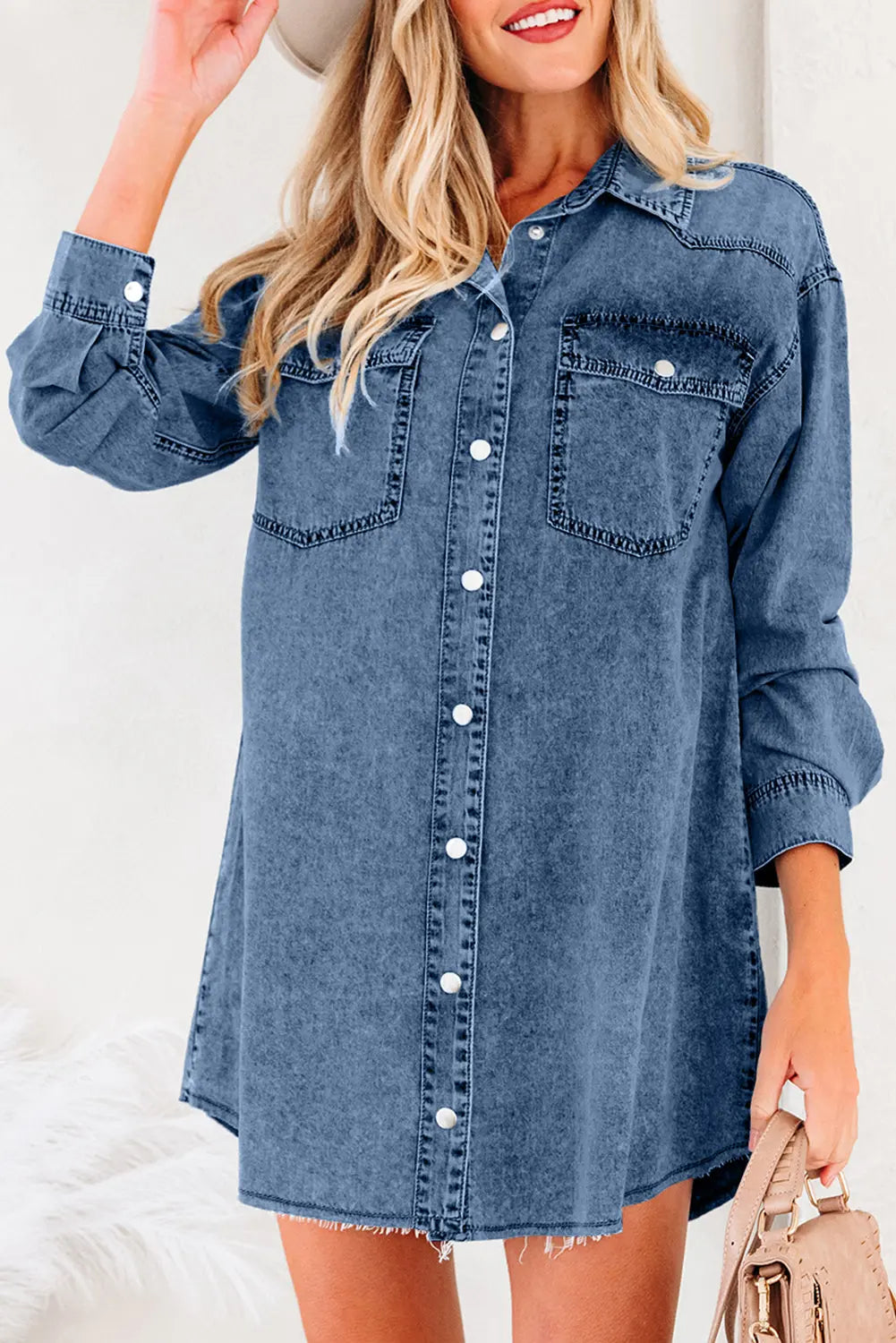 Chest Pocket Raw Hem Denim Baggy Shirt Dress - eAura
