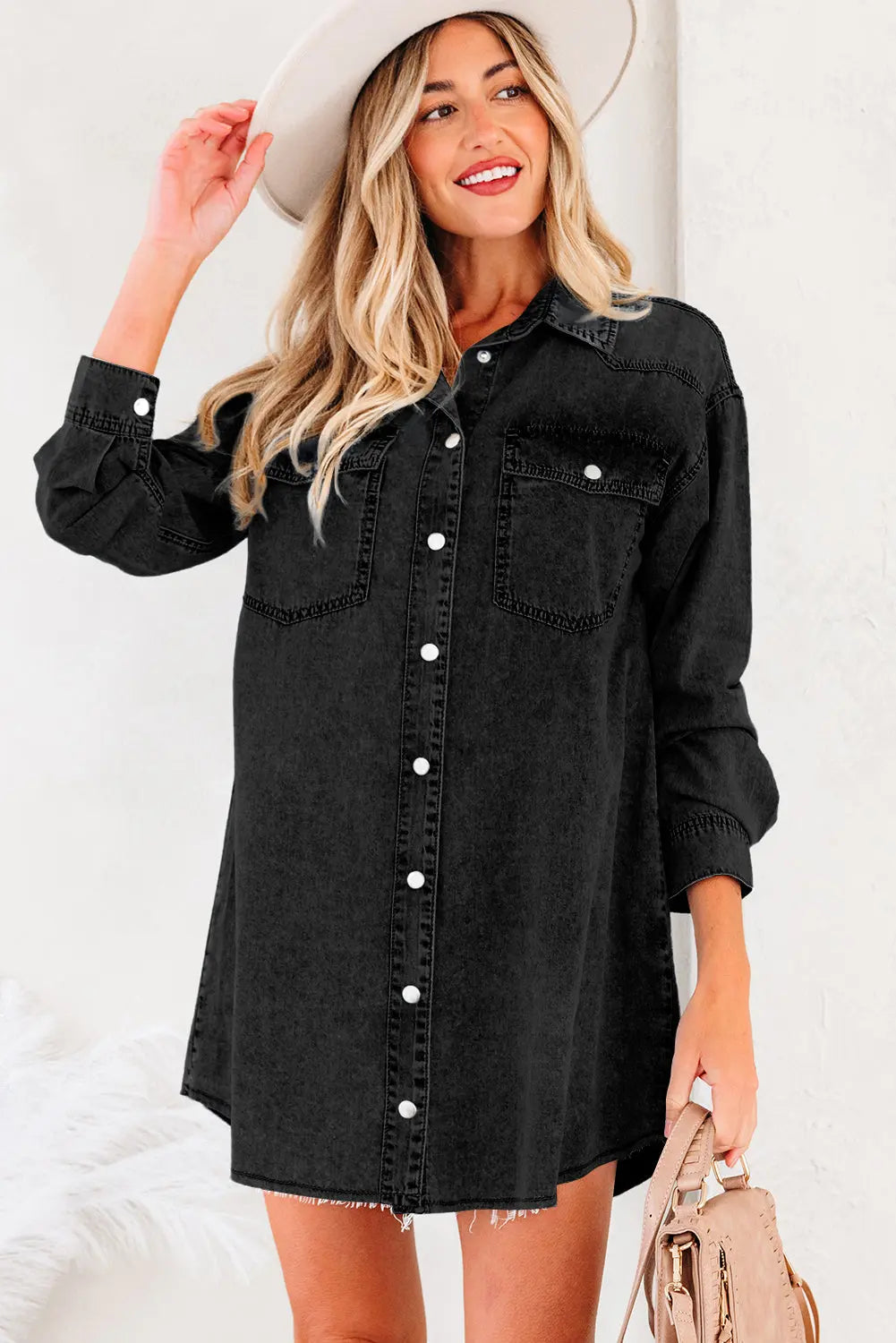 Chest Pocket Raw Hem Denim Baggy Shirt Dress - eAura