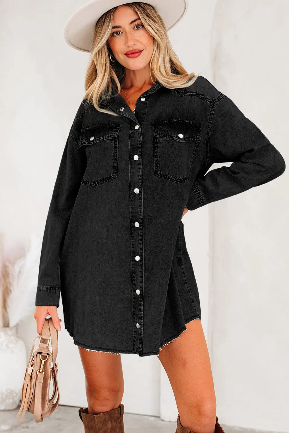 Chest Pocket Raw Hem Denim Baggy Shirt Dress - eAura