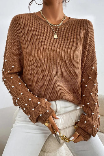 Chestnut Beaded Drop Shoulder Round Neck Sweater - eAura