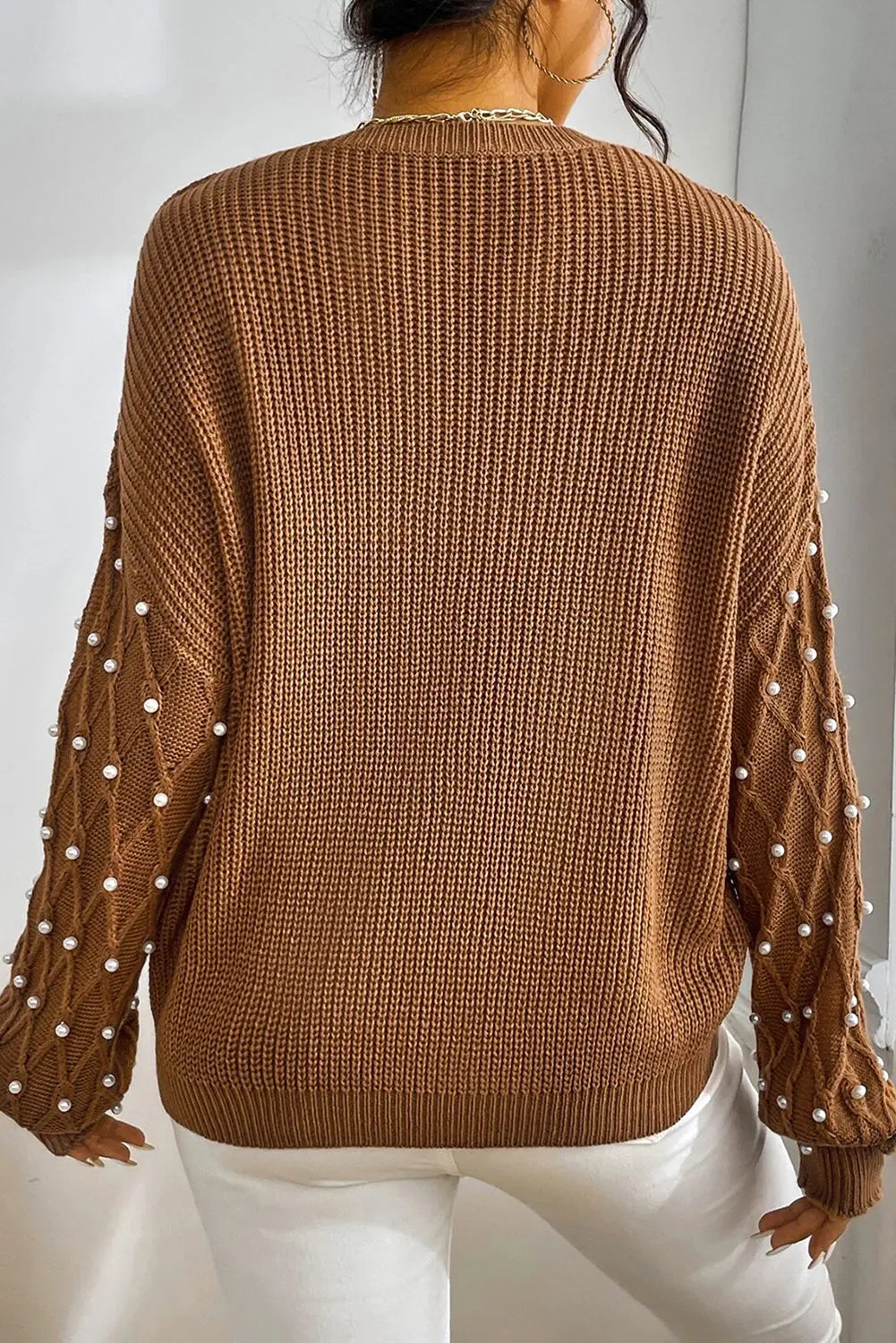 Chestnut Beaded Drop Shoulder Round Neck Sweater - eAura