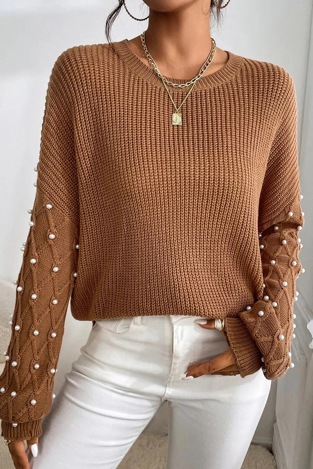Chestnut Beaded Drop Shoulder Round Neck Sweater - eAura