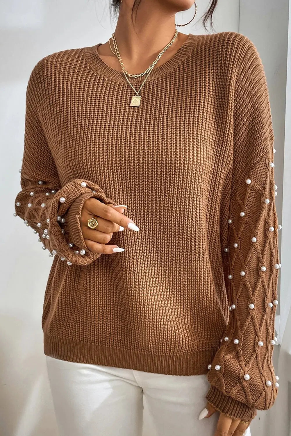 Chestnut Beaded Drop Shoulder Round Neck Sweater - eAura