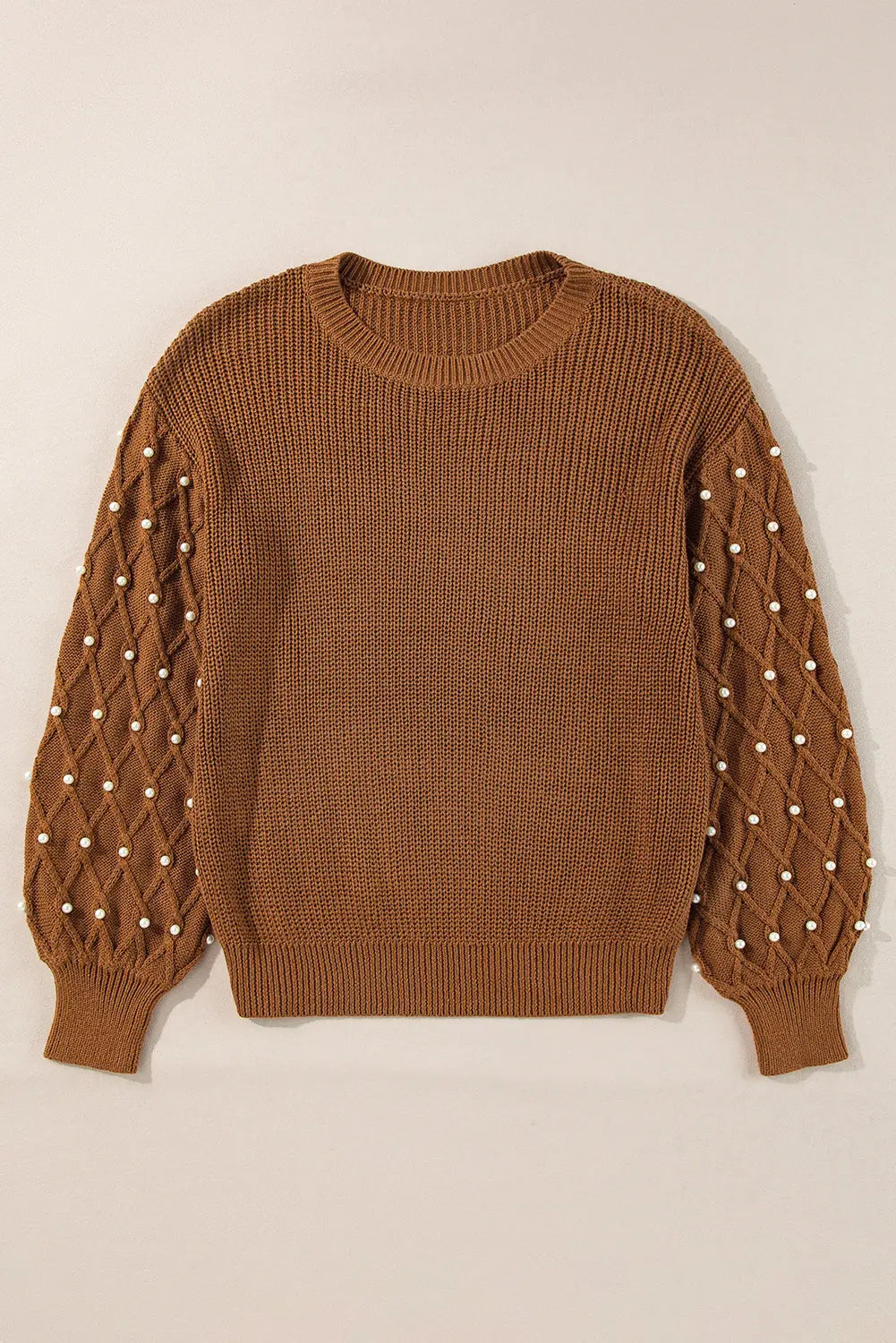 Chestnut Beaded Drop Shoulder Round Neck Sweater - eAura