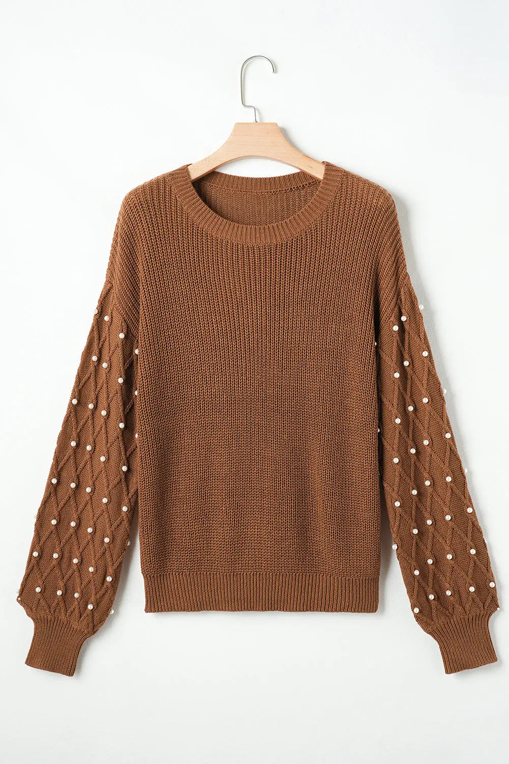 Chestnut Beaded Drop Shoulder Round Neck Sweater - eAura
