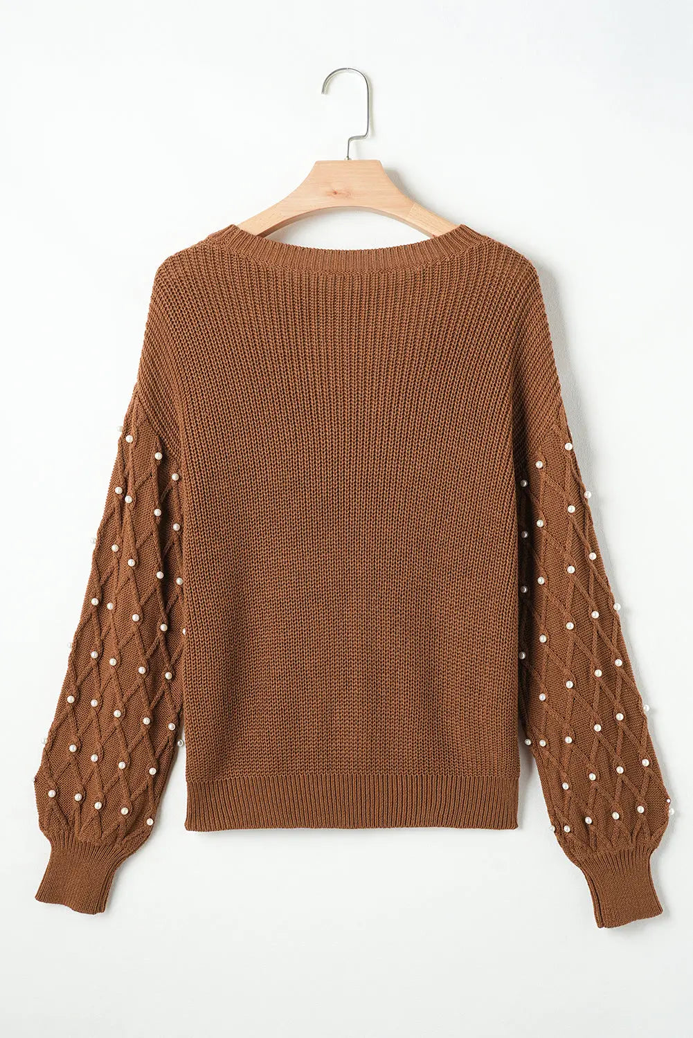Chestnut Beaded Drop Shoulder Round Neck Sweater - eAura