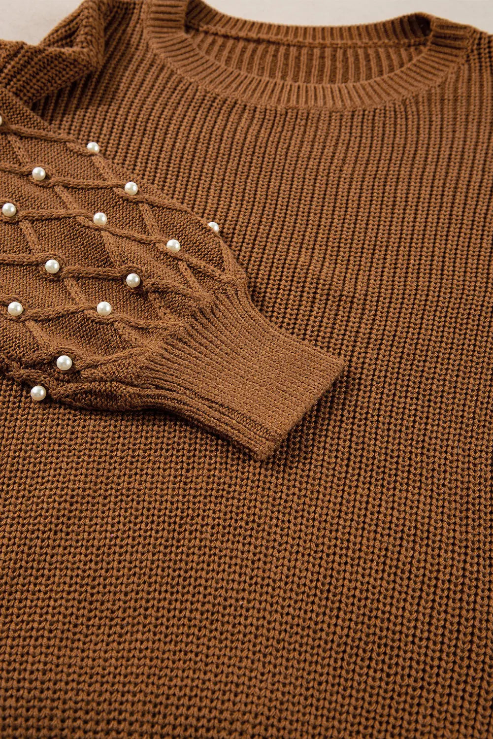 Chestnut Beaded Drop Shoulder Round Neck Sweater - eAura
