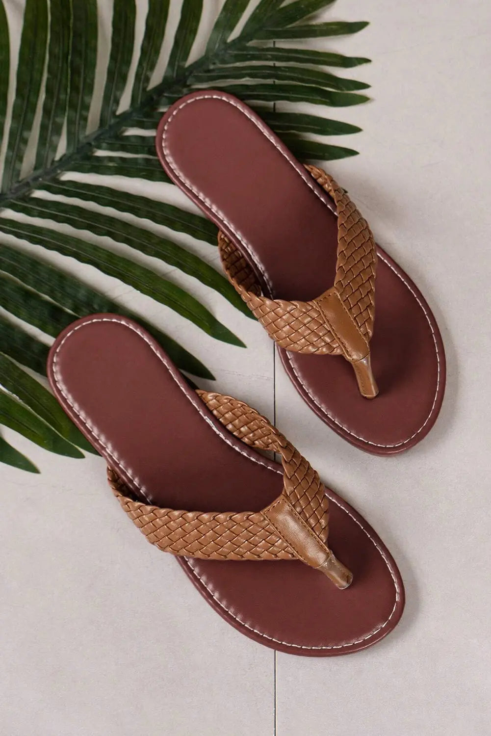Chestnut Braided Strap PU Leather Flip Flop Beagle Boutique Fashion Outlet
