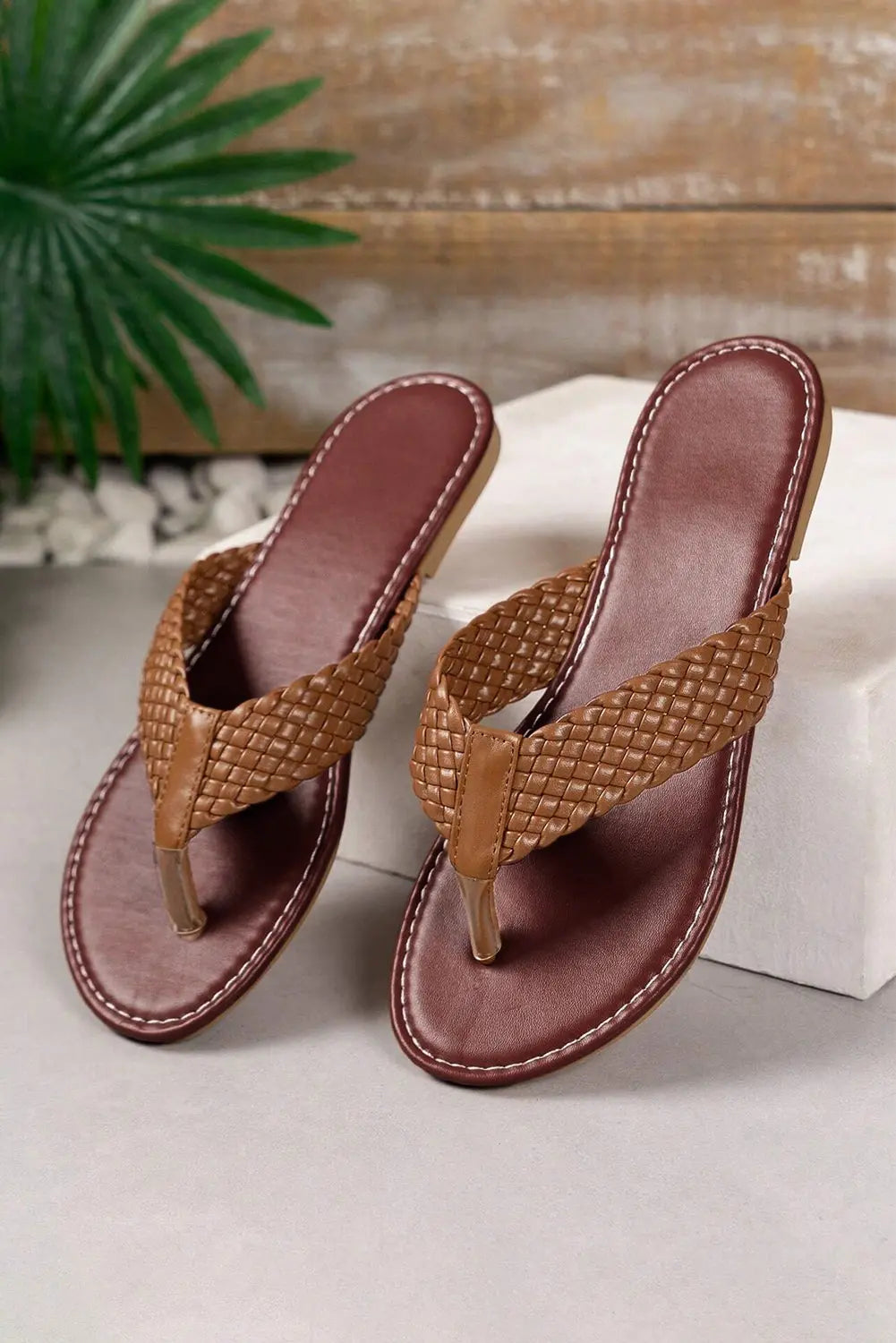 Chestnut Braided Strap PU Leather Flip Flop Beagle Boutique Fashion Outlet