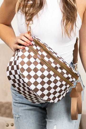 Chestnut Checkered Print Wide Strap Large Crossbody Bag - eAura