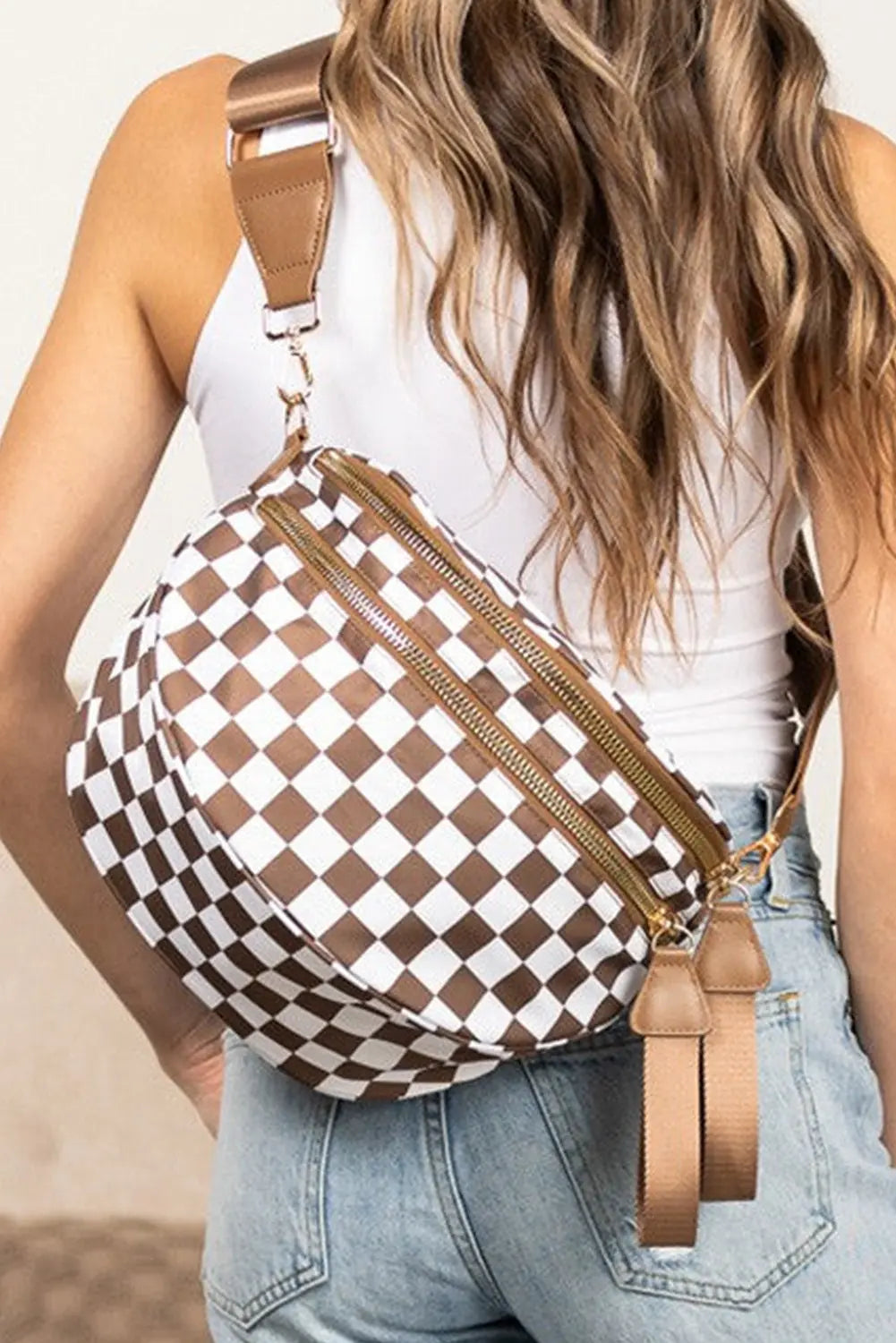 Chestnut Checkered Print Wide Strap Large Crossbody Bag - eAura