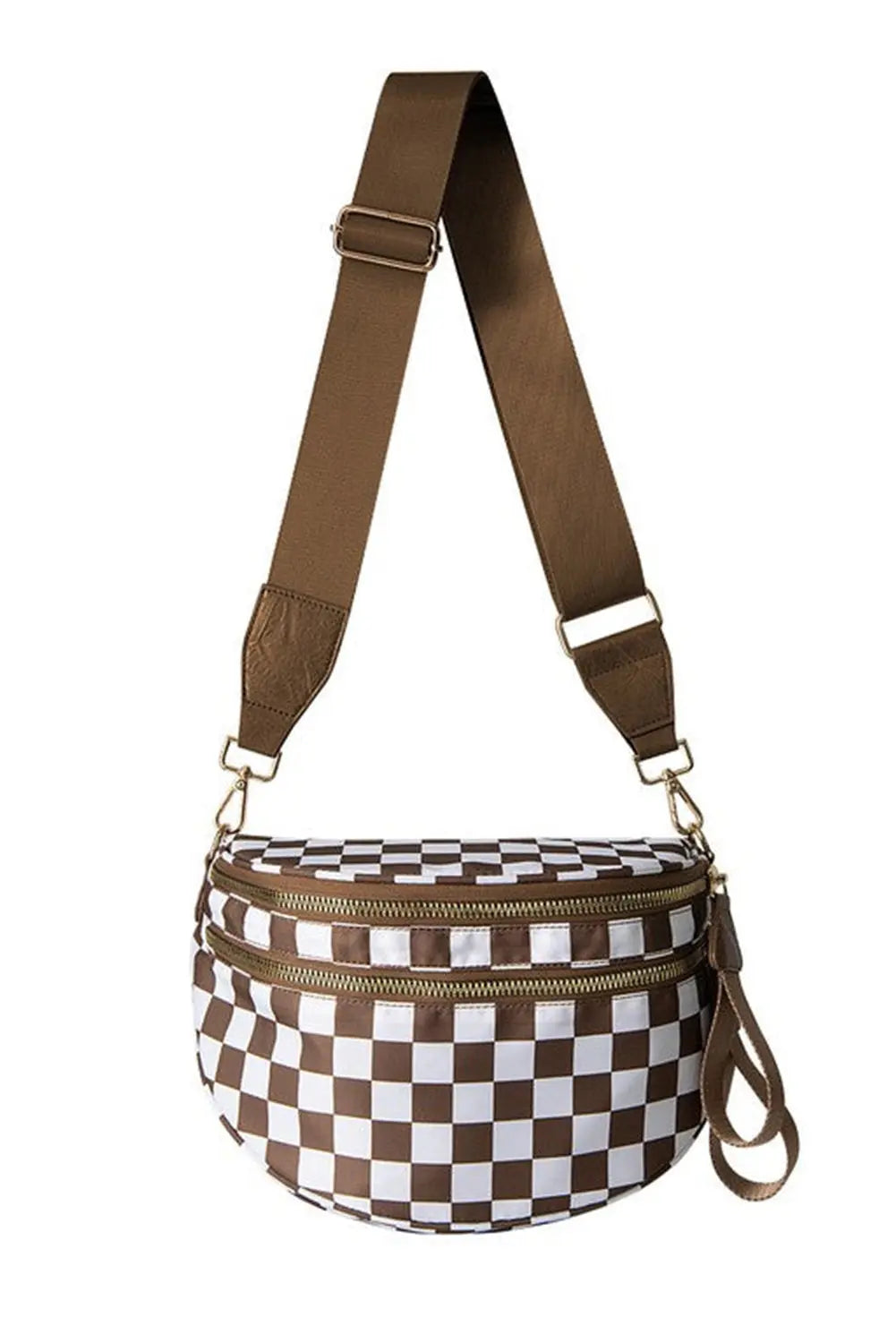 Chestnut Checkered Print Wide Strap Large Crossbody Bag - eAura