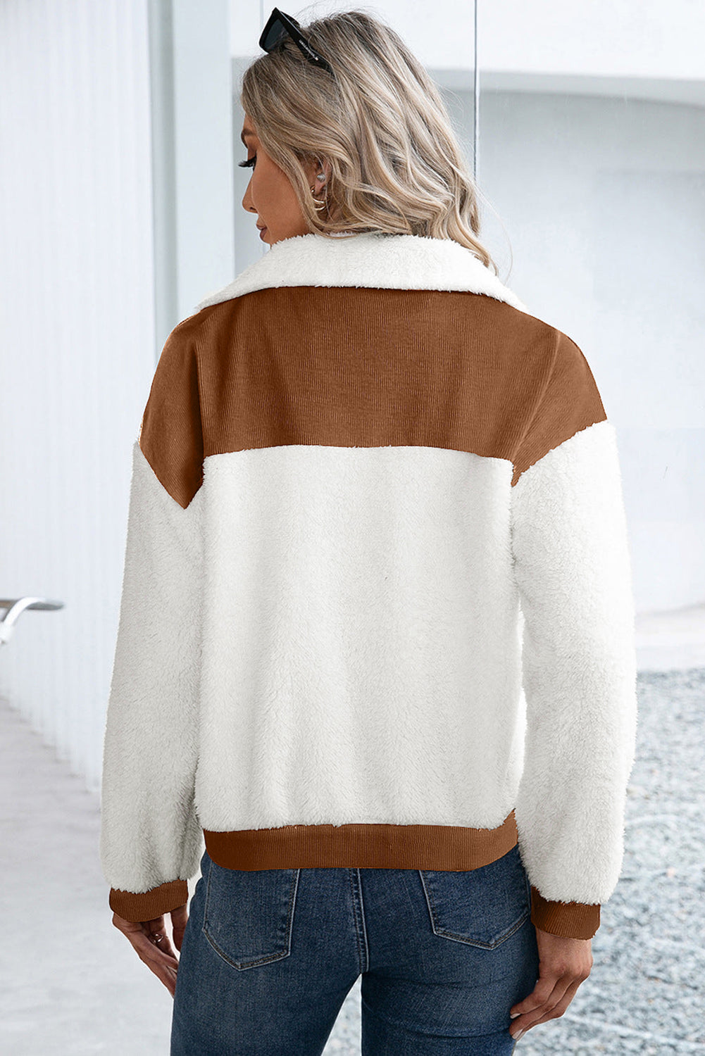 Chestnut Corduroy Colour Block Contrast Patchwork Fuzzy Jacket - eAura