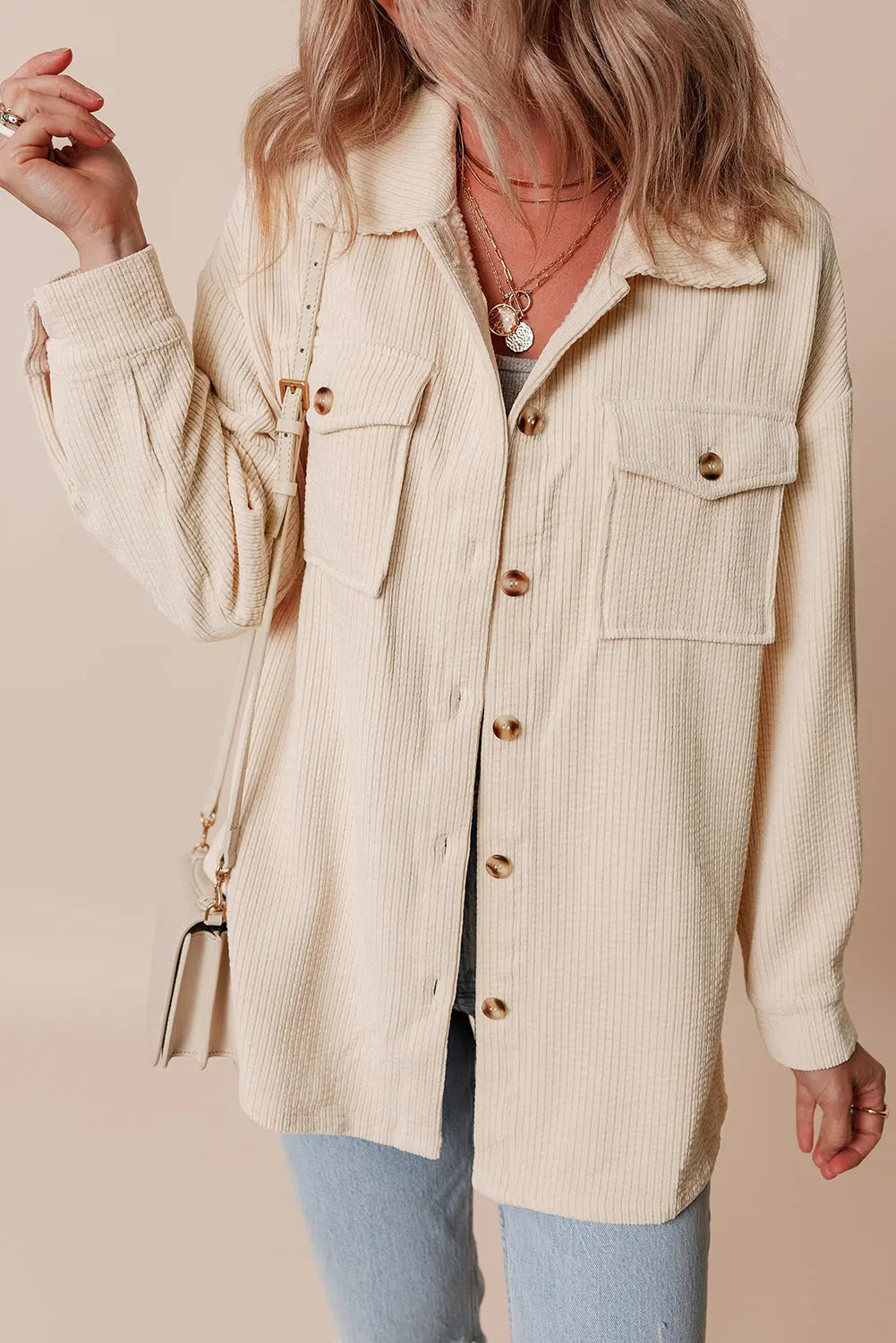 Chestnut Corduroy Flap Pocket Button Up Shacket - BB Fashion Outlet