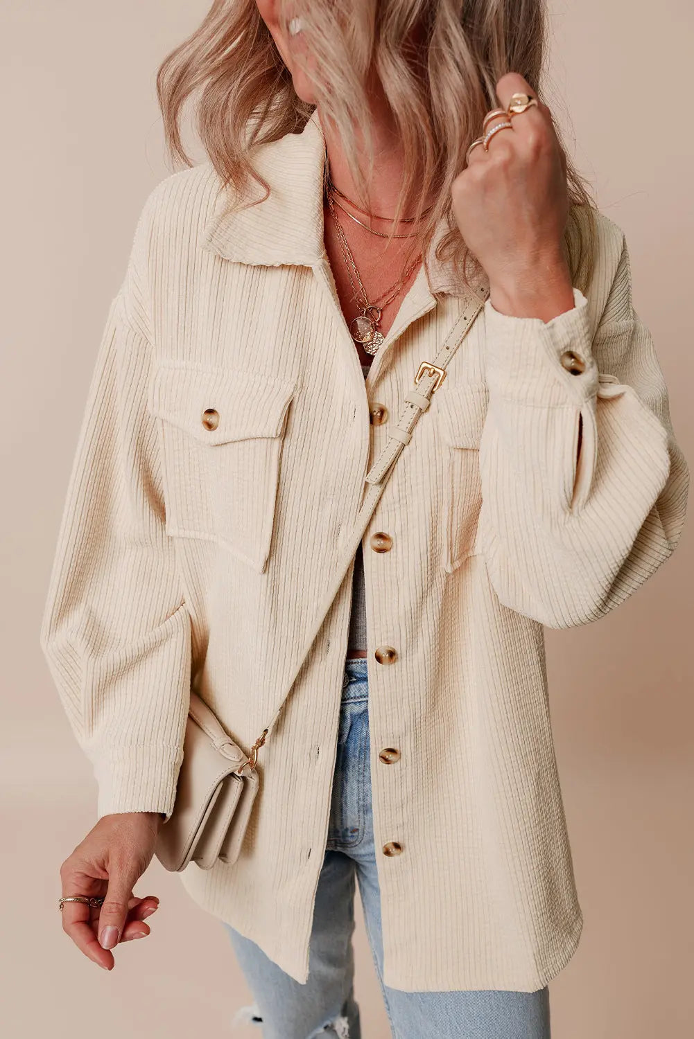 Chestnut Corduroy Flap Pocket Button Up Shacket - BB Fashion Outlet