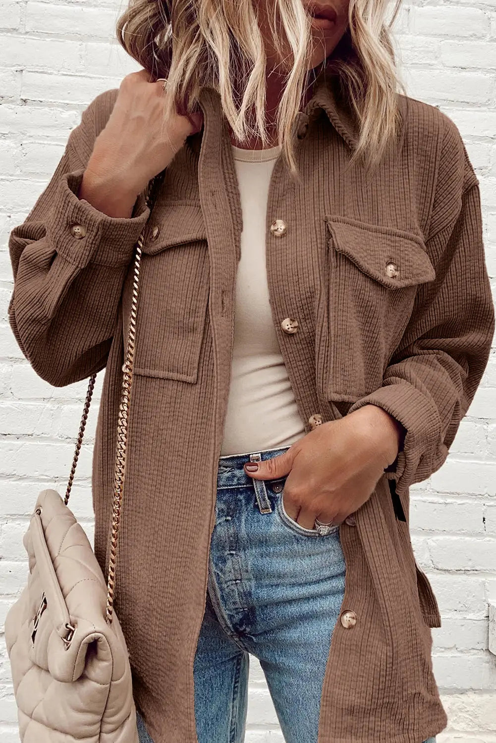 Chestnut Corduroy Flap Pocket Button Up Shacket Beagle Boutique Fashion Outlet
