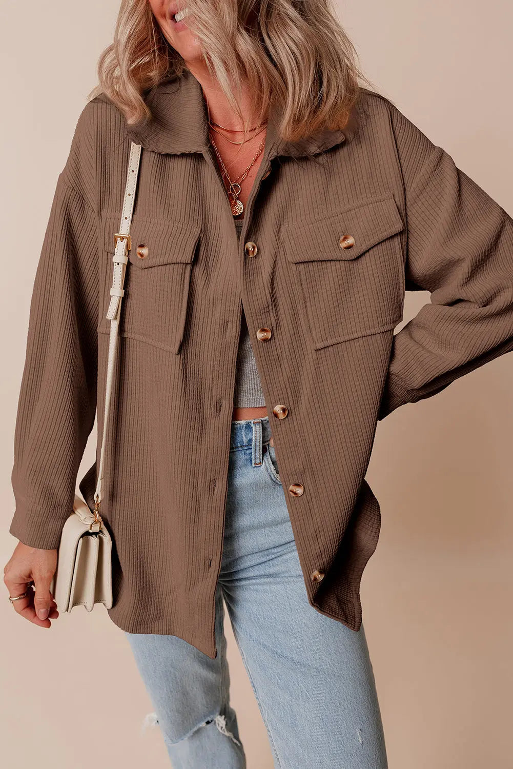 Chestnut Corduroy Flap Pocket Button Up Shacket Beagle Boutique Fashion Outlet