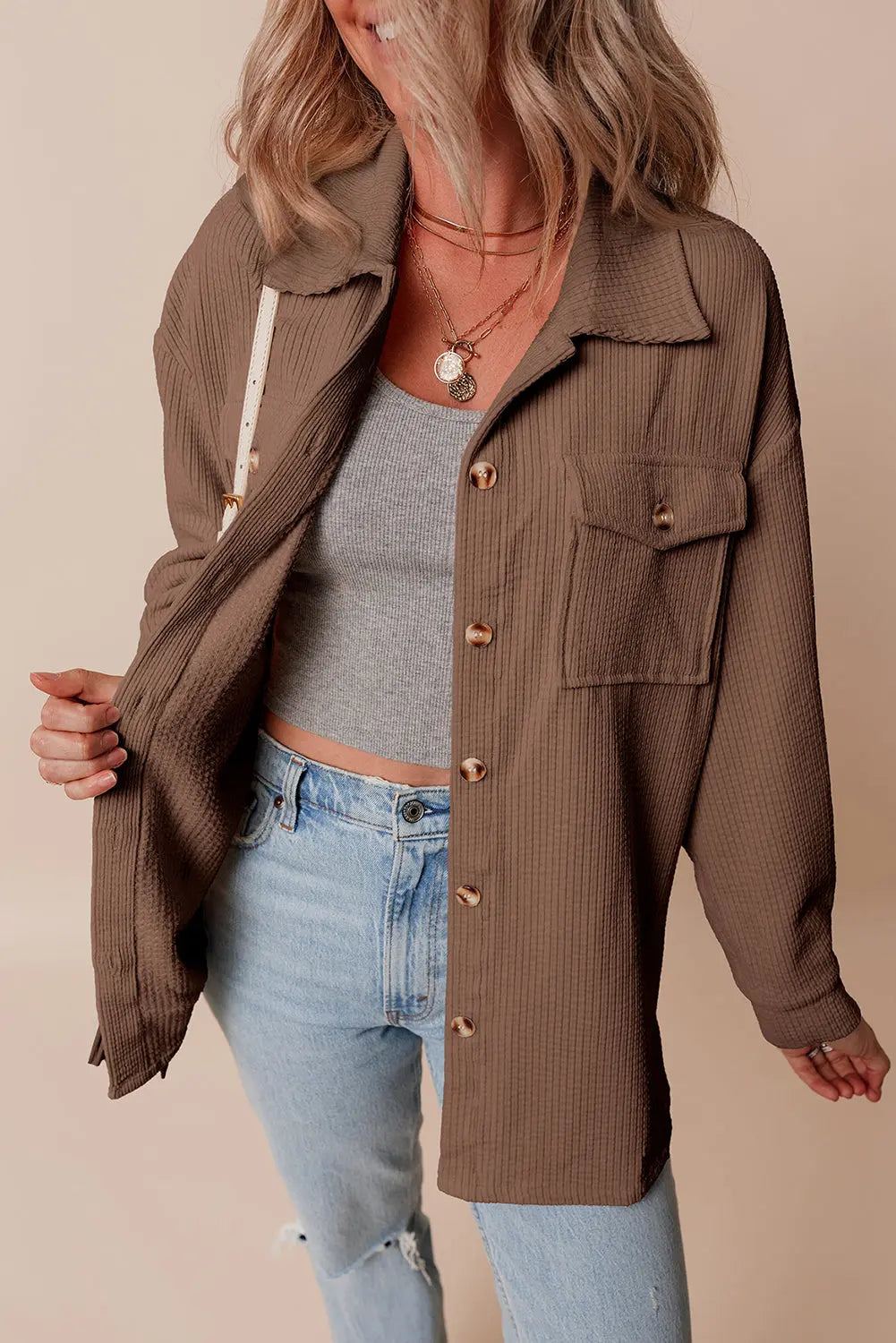 Chestnut Corduroy Flap Pocket Button Up Shacket Beagle Boutique Fashion Outlet