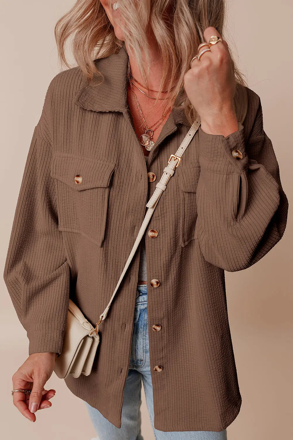 Chestnut Corduroy Flap Pocket Button Up Shacket Beagle Boutique Fashion Outlet