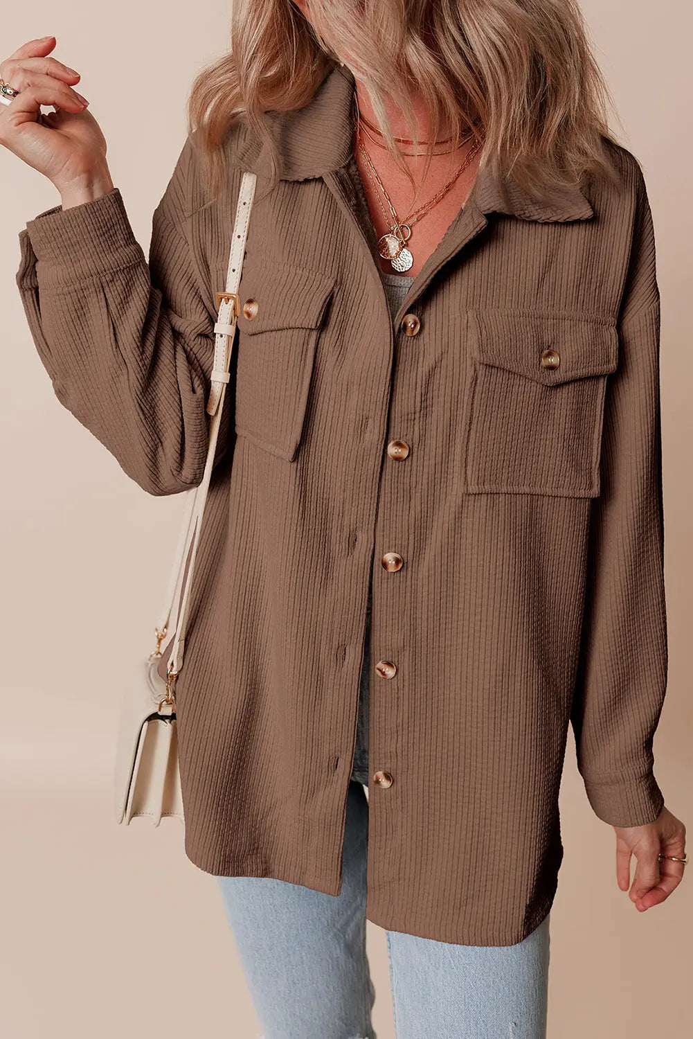 Chestnut Corduroy Flap Pocket Button Up Shacket Beagle Boutique Fashion Outlet
